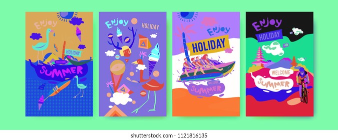 Set of summer illustration for poster, cover, and advertisement. Retro and vintage summer design illustration. Summer holiday background template in eps10.
