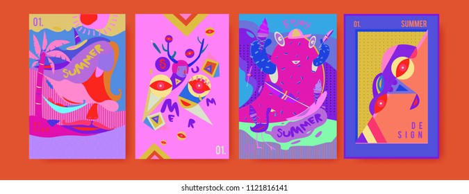 Set of summer illustration for poster, cover, and advertisement. Retro and vintage summer design illustration. Summer holiday background template in eps10.
