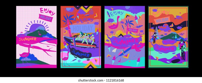 Set of summer illustration for poster, cover, and advertisement. Retro and vintage summer design illustration. Summer holiday background template in eps10.
