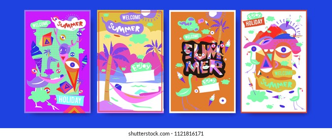 Set of summer illustration for poster, cover, and advertisement. Retro and vintage summer design illustration. Summer holiday background template in eps10.
