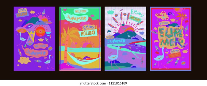 Set of summer illustration for poster, cover, and advertisement. Retro and vintage summer design illustration. Summer holiday background template in eps10.
