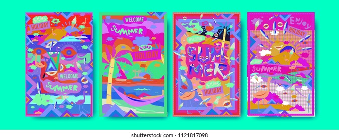 Set of summer illustration for poster, cover, and advertisement. Retro and vintage summer design illustration. Summer holiday background template in eps10.
