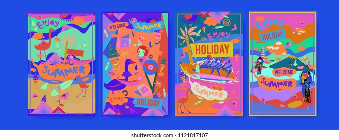 Set of summer illustration for poster, cover, and advertisement. Retro and vintage summer design illustration. Summer holiday background template in eps10.
