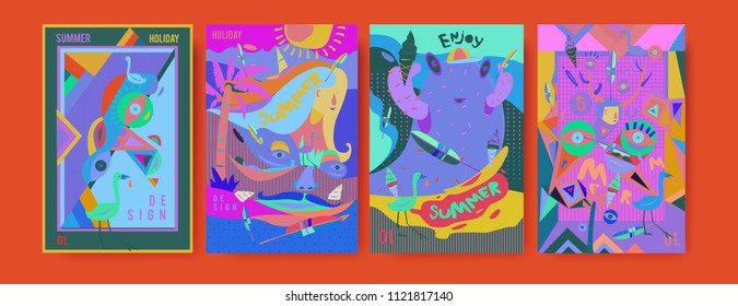 Set von Sommerillustrationen für Poster, Cover und Werbung. Retro und Vintage Sommer Design Illustration. Hintergrundvorlage für Sommerferien in eps10.
