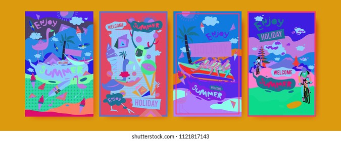 Set of summer illustration for poster, cover, and advertisement. Retro and vintage summer design illustration. Summer holiday background template in eps10.
