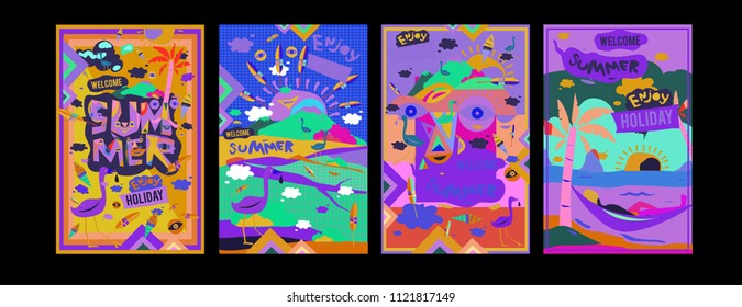 Set of summer illustration for poster, cover, and advertisement. Retro and vintage summer design illustration. Summer holiday background template in eps10.
