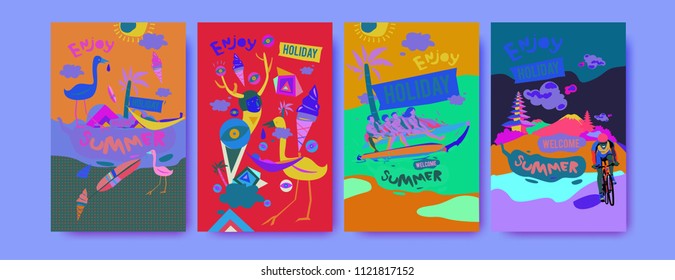 Set of summer illustration for poster, cover, and advertisement. Retro and vintage summer design illustration. Summer holiday background template in eps10.
