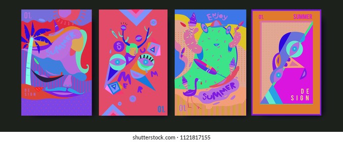 Set of summer illustration for poster, cover, and advertisement. Retro and vintage summer design illustration. Summer holiday background template in eps10.
