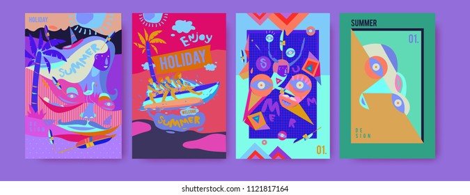 Set of summer illustration for poster, cover, and advertisement. Retro and vintage summer design illustration. Summer holiday background template in eps10.
