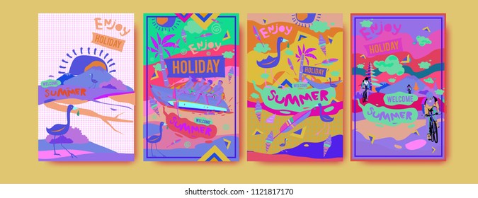 Set of summer illustration for poster, cover, and advertisement. Retro and vintage summer design illustration. Summer holiday background template in eps10.
