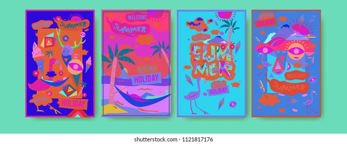 Set of summer illustration for poster, cover, and advertisement. Retro and vintage summer design illustration. Summer holiday background template in eps10.
