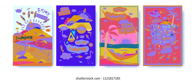 Set of summer illustration for poster, cover, and advertisement. Retro and vintage summer design illustration. Summer holiday background template in eps10.

