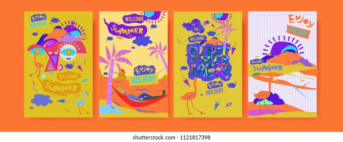 Set of summer illustration for poster, cover, and advertisement. Retro and vintage summer design illustration. Summer holiday background template in eps10.
