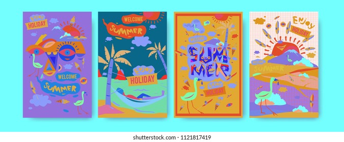Set of summer illustration for poster, cover, and advertisement. Retro and vintage summer design illustration. Summer holiday background template in eps10.
