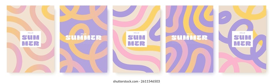 Set of summer illustrations with abstract gradient shapes and text. Pastel colors, smooth lines, modern design. Perfect for social networks, postcards and web banners.