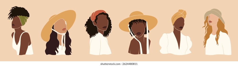 set of summer illustrations, abstract no face portraits of boho women, beautiful girls in hats, head scarves, isolated vector