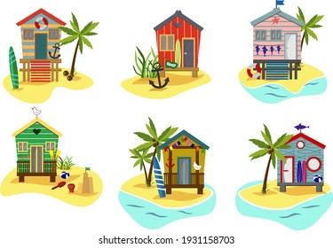 Set of summer illustrations with beach houses, palm trees and the sea. Summer time for a seaside holiday. Vector illustration for use in prints, posters, flyers and invitations, discount promotions.