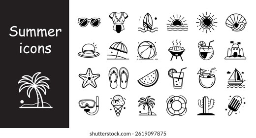 Set of summer illustrations, beach icons in black and white style. Vector illustration.