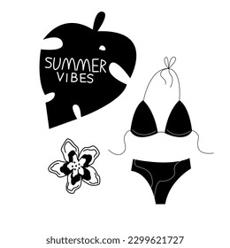 set of summer illustrations. black and white summer icons. swimsuit, sunglasses, spf cream. summer, vacation, banner. summer vacation