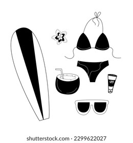 set of summer illustrations. black and white summer icons. swimsuit, sunglasses, spf cream. summer, vacation, banner. summer vacation