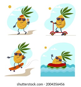  Set of summer illustrations with cartoon characters. Funny pineapples enjoy summer. Tropical cute fruits.
