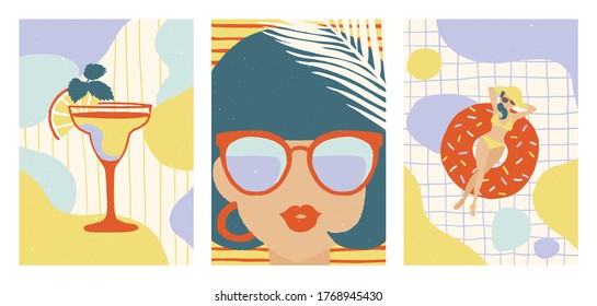 Set of Summer illustrations. Cocktail , young woman in sunglasses, woman with inflatable donut in swimming pool. Vector illustrations.