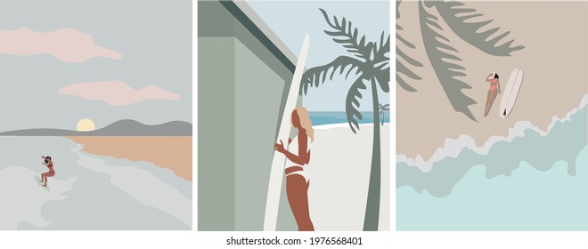 Set of summer illustrations girl, ocean, surfing, beach