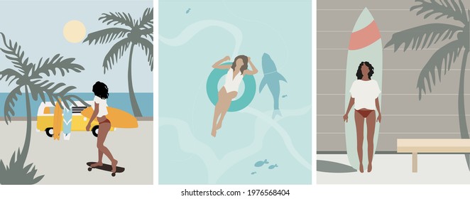 Set of summer illustrations girl, ocean, surfing, beach