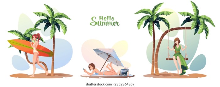 Set of summer illustrations with girls resting on the beach. Sunburn, relaxation, relaxation, active rest. A girl is swinging on a swing, a girl is sunbathing and a girl with a surfboard.