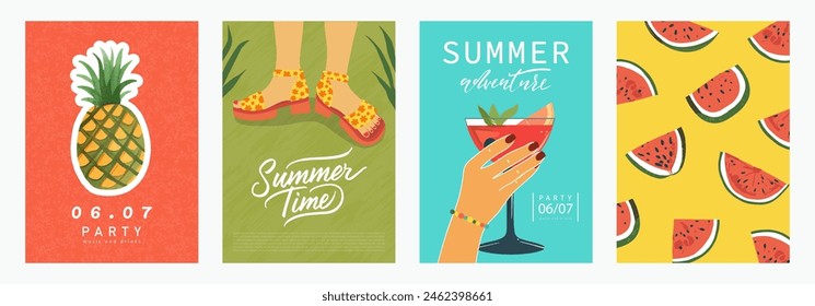 Set of summer illustrations with hand-drawn pineapple, feet in sandals, hand with a glass and watermelon pieces. Vector design for brochures,posters,invitation, backgrounds and more.