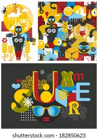 Set of summer illustrations and hot seamless pattern. Vector background.