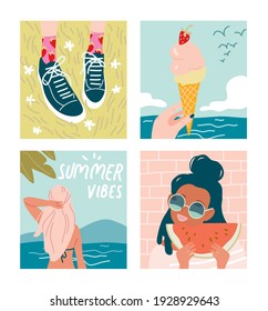 Set of summer illustrations. Ice cream cone. Sneakers on the grass. Girl with watermelon. Girl at the beach.