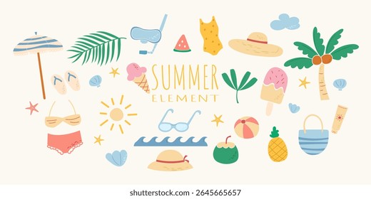 Set of summer illustrations, icons and decorations. This is a simple flat design in doodle style. There are swimming suit, watermelon, ice cream, palm tree, sunglasses and more.
