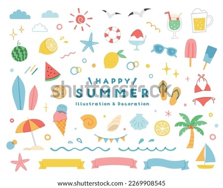 A set of summer illustrations, icons and decorations.
This is a simple flat design in doodle style.
There are lemon, watermelon, ice cream, palm tree, ribbon frames and more.