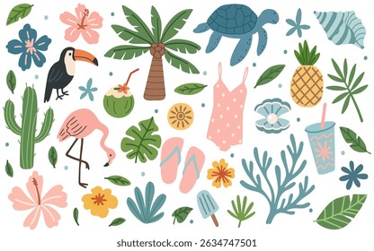 Set of summer illustrations on exotic theme. Beach sticker set. Palm trees, shells swimsuit, tropical leaves, parrots, flamingos, coconut, shells, flowers. Modern vector illustration in flat style