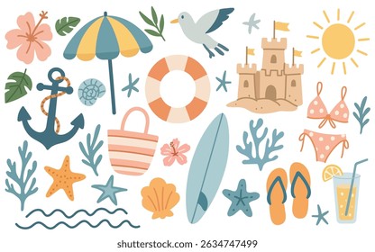 Set of summer illustrations on the marine theme. Beach sticker set. Seagull, anchor, shells, sand castle, swimsuit, cocktail, surfboard. Modern vector illustration in flat hand-drawn style