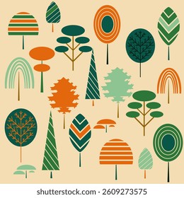 Set of summer illustrations trees on a light background. mini stickers colorful mini trees, children's cover pattern, emblem screensaver. Spring and lazy illustration hand drawn