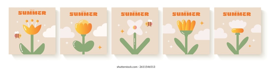 Set of summer illustrations with trendy geometric flowers. Flat style, modern design. Perfect for social media, postcards, and web banners.