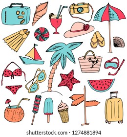 Set of summer illustrations. Vector cartoon doodles. Isolated objects on a white background. Hand-drawn style.