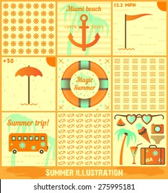 Set of summer illustrations. Vector icons, prints, patterns. Easy editorial!