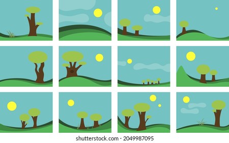 A set of summer images, a tree in a meadow against the backdrop of the sky and the sun. Vector illustration.