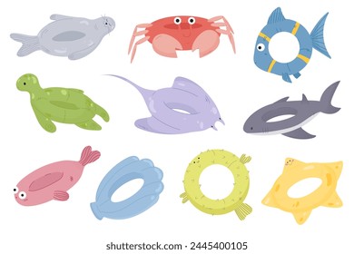 Eine Reihe von aufblasbaren Sommerringen in Form von Meerestieren. Sommerurlaub, Vektorgrafik Grafiken, flaches Design, Kollektion
