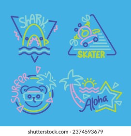 Set of summer island beach line art vector on blue isolated background illustration, Doodle beach icon.