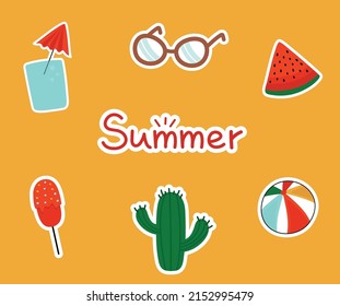 Set Of Summer Isolated Doodle Stickers. Hand Drawn Icons Of Glasses, Water Glass, Cactus, Watermelon, Ball, Ice Cream.