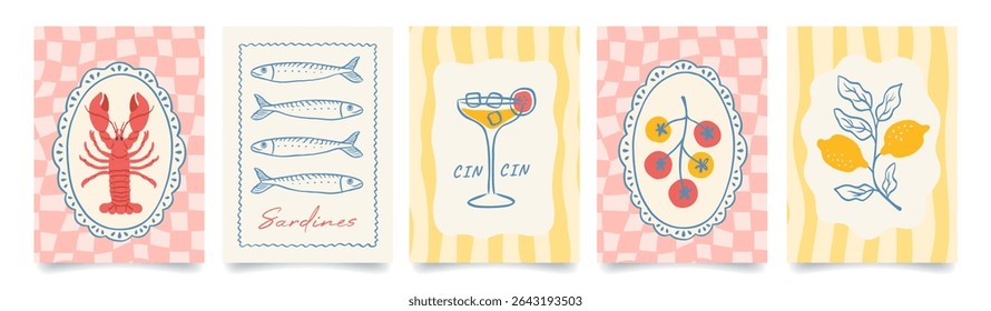 Set of summer italian mediterranean posters. Vacation in Italy. Amalfi. Italian food. Hand drawn lobster and tomato in plates, lemons, sardines, cocktail. Vector illustration for poster or card.