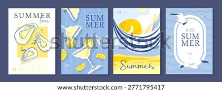 Set of summer Italian posters or covers with oysters, cocktails, girl in hammock, lemonade, lemons, seagulls and beach landscape. Vector illustration