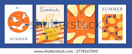 Set of summer Italian posters or covers with lemonade, seagulls, lemons, oysters and beach landscape. Vector illustration