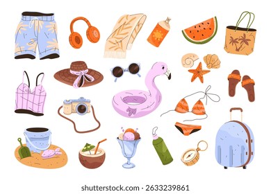 Set of summer item icon. Vector summertime accessory. Element for holiday and vacation. Travel woman clothing, apparel. Sun cream and hand lotion, cocktail and suitcase, toy, sunglasses, tote, towel.