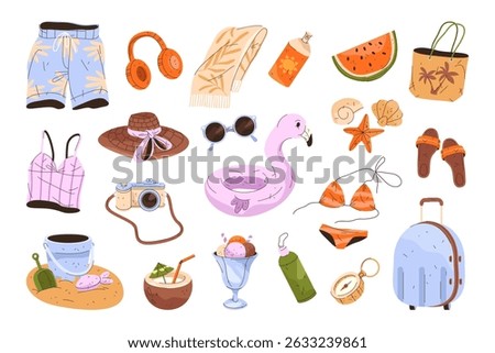 Set of summer item icon. Vector summertime accessory. Element for holiday and vacation. Travel woman clothing, apparel. Sun cream and hand lotion, cocktail and suitcase, toy, sunglasses, tote, towel.