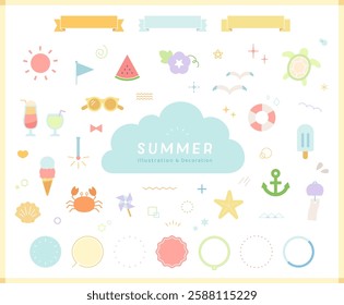 Set of summer item illustrations and frames Decoration Accent Background Vector Decorative Colorful No lines